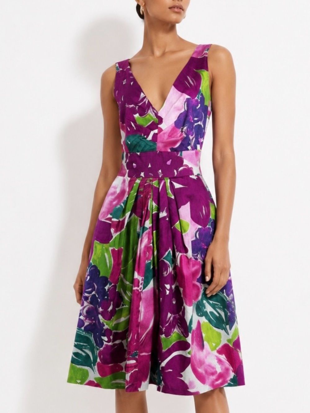 SUZI CHIN for Maggy Boutique Purple Green Floral V-Neck Midi Cotton Dress US10